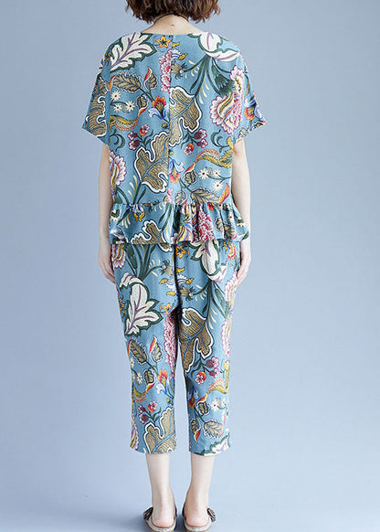 Blue O-neck Cotton Tops and Crop Pants Two Pieces Set Spring