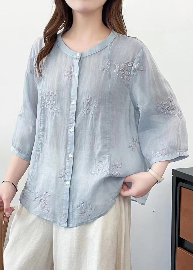 Blue O-neck Embroidered Linen Shirts Summer