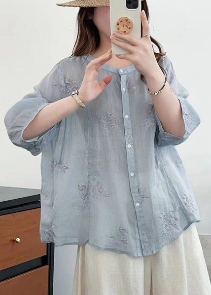 Blue O-neck Embroidered Linen Shirts Summer