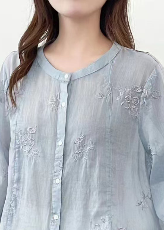 Blue O-neck Embroidered Linen Shirts Summer