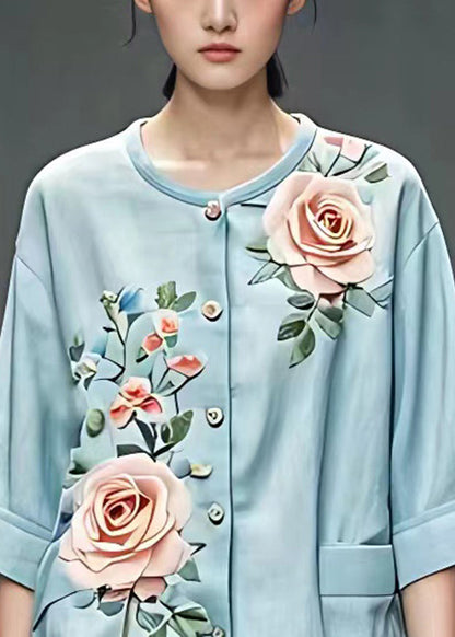 Blue O-neck Button Top Summer