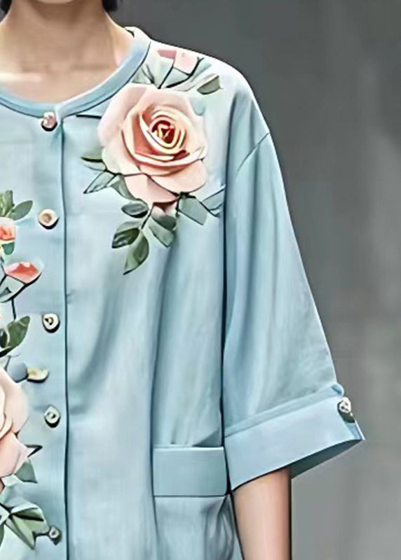 Blue O-neck Button Top Summer