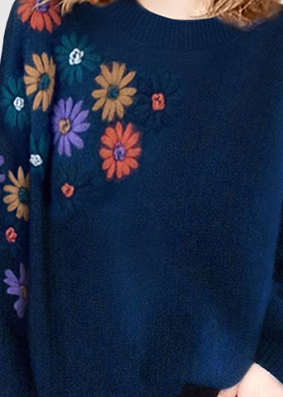 Blue O-neck Embroideried Wool Sweaters Winter