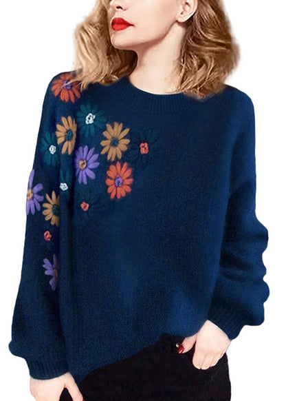 Blue O-neck Embroideried Wool Sweaters Winter