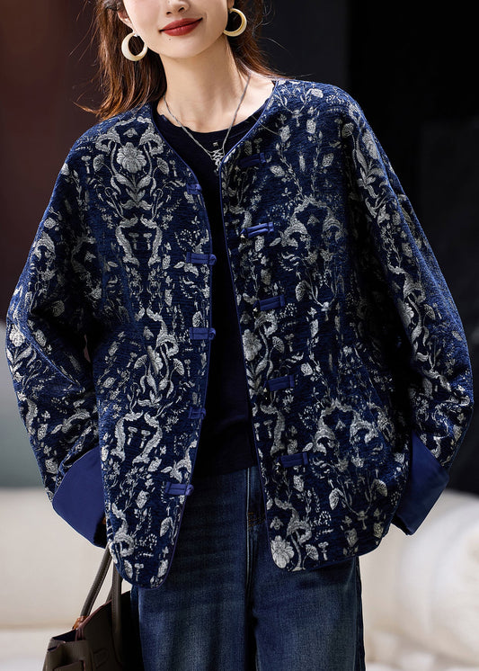 Blue O Neck Jacquard Oriental Button Cotton Coat Spring