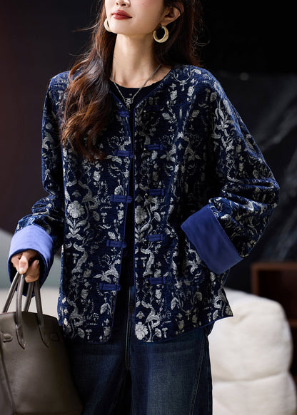 Blue O Neck Jacquard Oriental Button Cotton Coat Spring