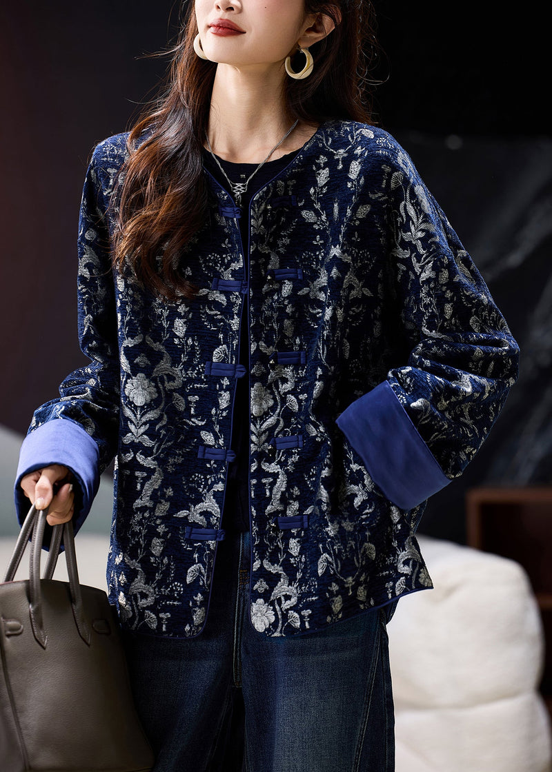 Blue O Neck Jacquard Oriental Button Cotton Coat Spring