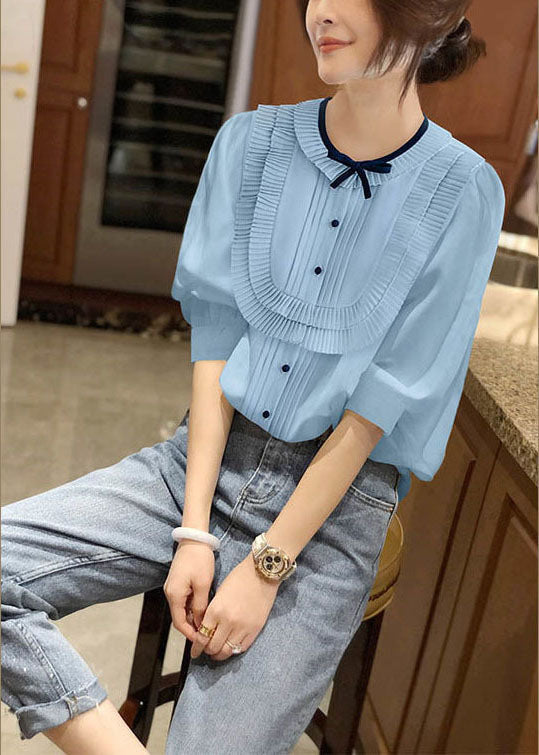 Blue O-neck Patchwork Bow Wrinkled Chiffon Shirt Bracelet Sleeve