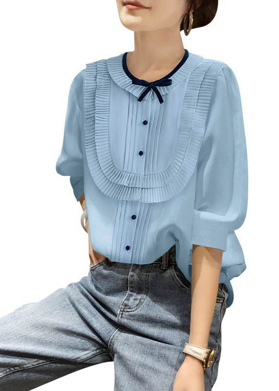 Blue O-neck Patchwork Bow Wrinkled Chiffon Shirt Bracelet Sleeve