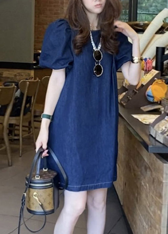 Blue O-neck Patchwork Cozy Mid Denim Dresses Short Sleeve