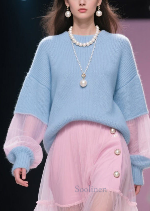 Blue O Neck Patchwork Knit Short Sweater Winter