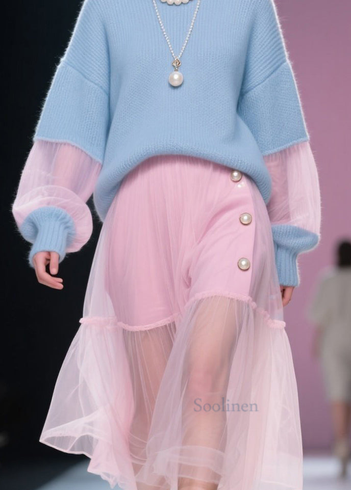 Blue O Neck Patchwork Knit Short Sweater Winter