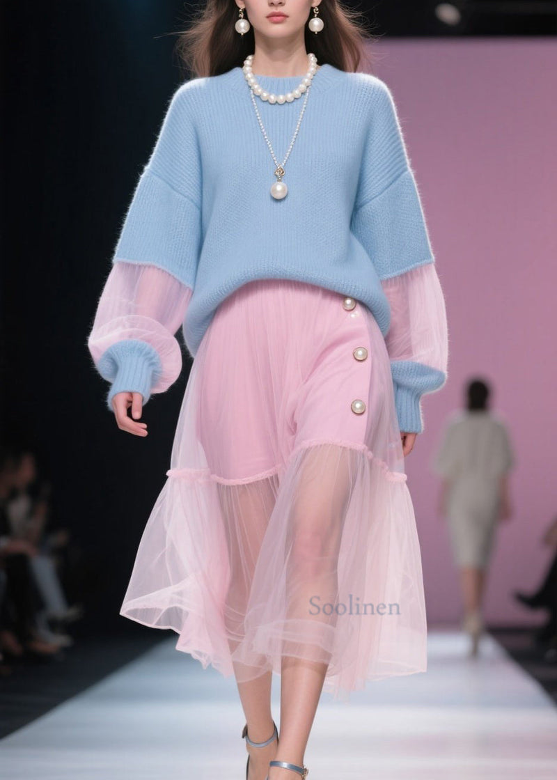 Blue O Neck Patchwork Knit Short Sweater Winter