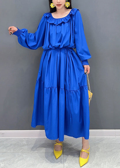 Blue O-neck Patchwork Long Dress Lantern Sleeve