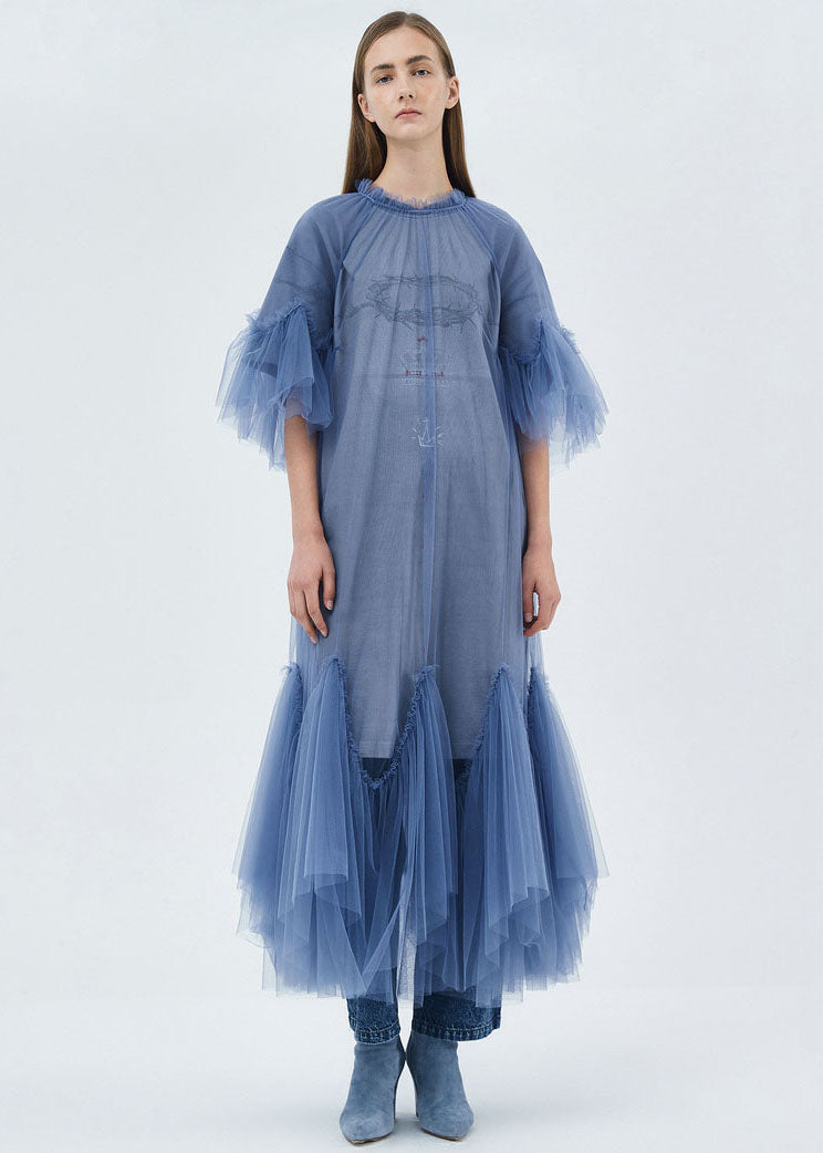 Blue O-neck Patchwork Tulle Maxi Dresses Half Sleeve