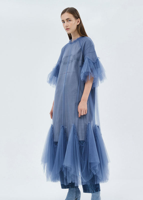 Blue O-neck Patchwork Tulle Maxi Dresses Half Sleeve