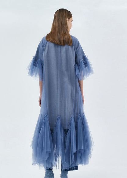 Blue O-neck Patchwork Tulle Maxi Dresses Half Sleeve