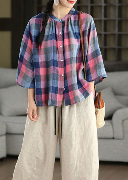Blue O Neck Plaid Linen Top Flare Sleeve