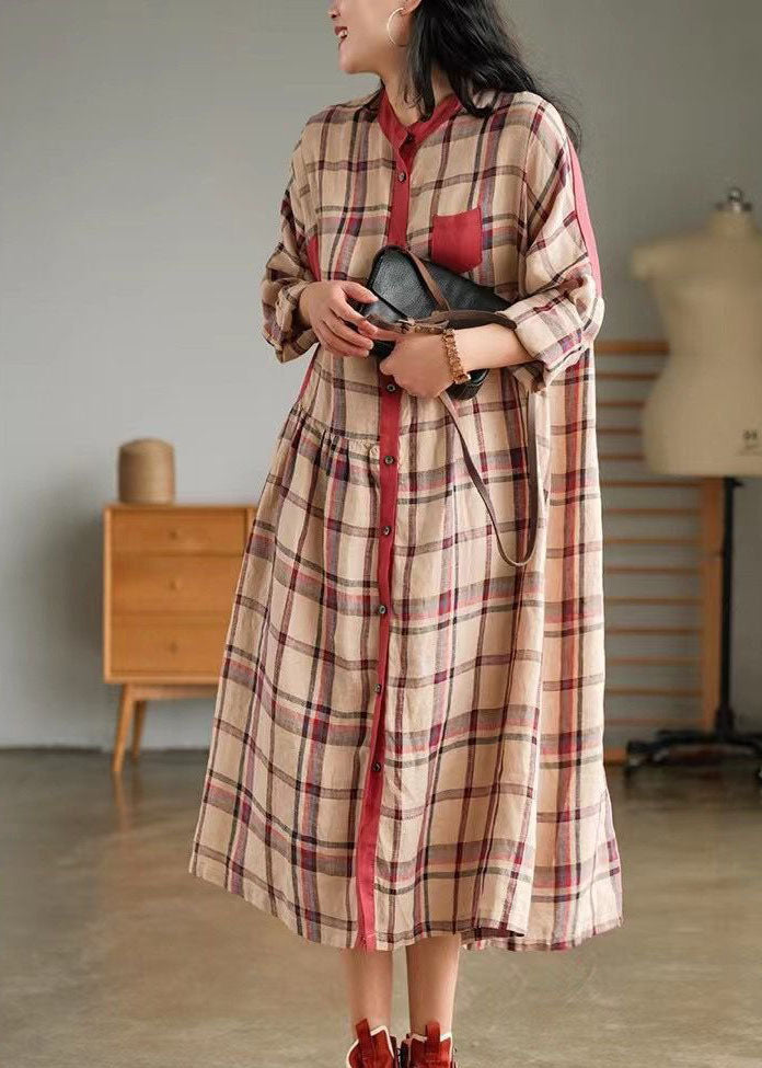 Blue O-neck Plaid Patchwork Shirt Dress Spring