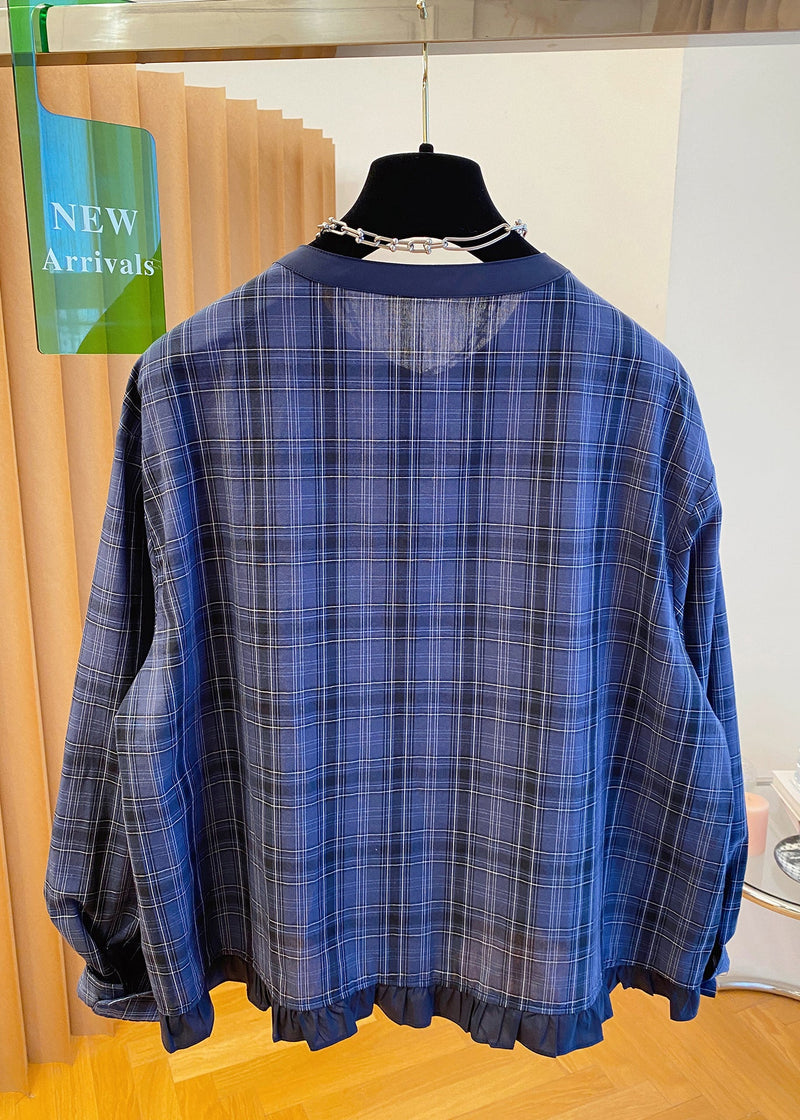 Blue O Neck Plaid Ruffled Cotton Shirt Top Fall