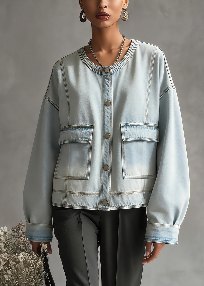 Blue O-neck Pockets Denim Coat Long Sleeve