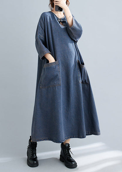 Blue O Neck Pockets Patchwork Denim Long Dresses Fall