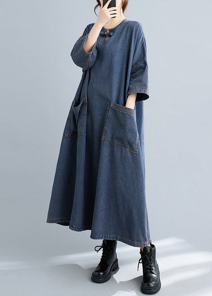 Blue O Neck Pockets Patchwork Denim Long Dresses Fall