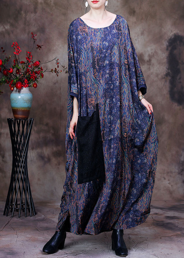 Blue O-neck Print Big Pocket Silk Ankle Dress Long Sleeve
