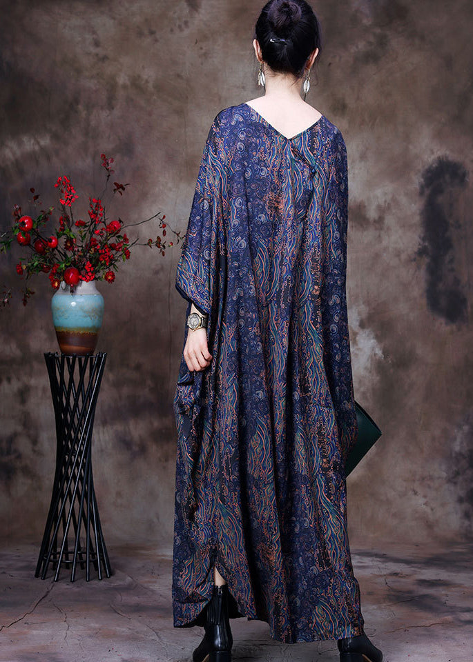 Blue O-neck Print Big Pocket Silk Ankle Dress Long Sleeve