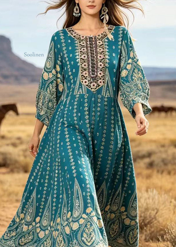 Blue O Neck Print Cotton Ankle Dress Summer