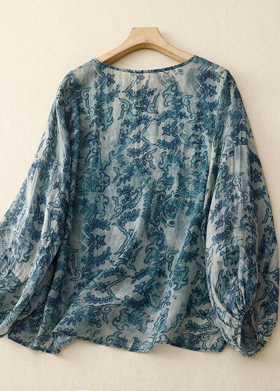 Blue O Neck Print Patchwork Cotton T Shirt Long Sleeve