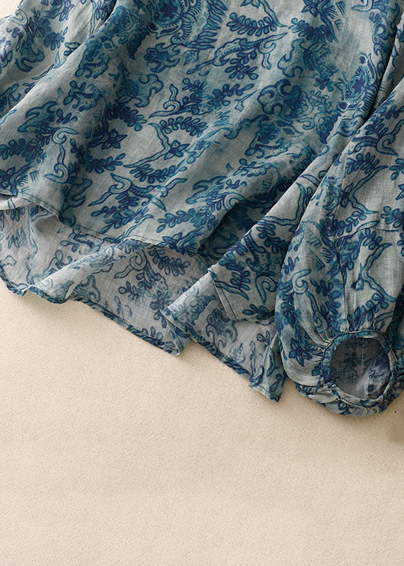 Blue O Neck Print Patchwork Cotton T Shirt Long Sleeve