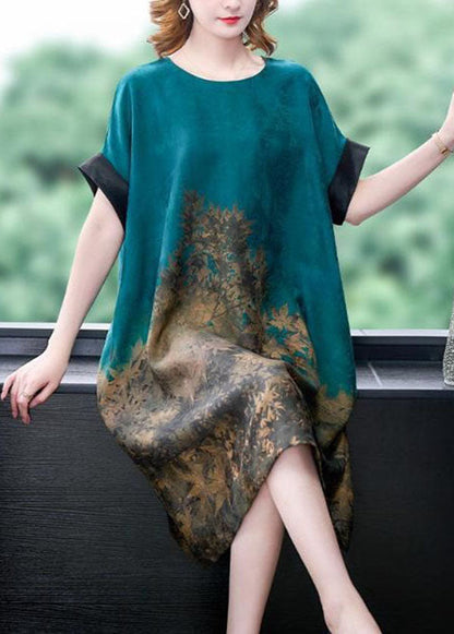 Blue O Neck Print Patchwork Silk Dress Summer