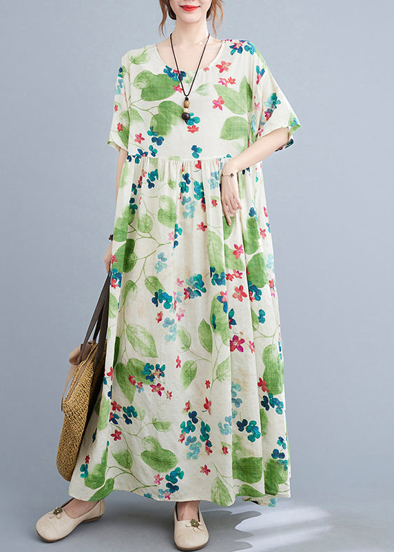Blue O Neck Print Pockets Cotton Dress Summer