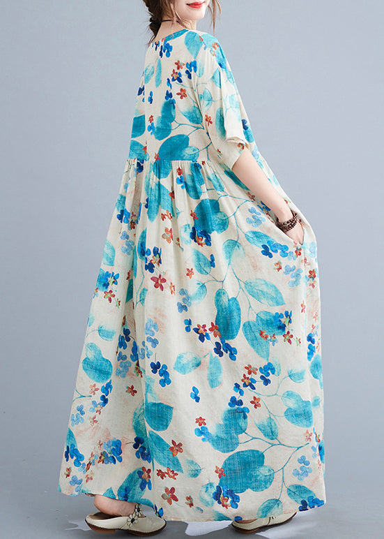 Blue O Neck Print Pockets Cotton Dress Summer