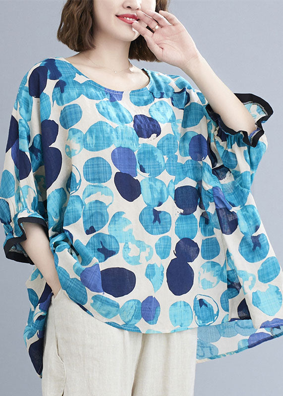 Blue O-neck Ruffled Dot Print Cotton Loose Blouses Short Sleeve