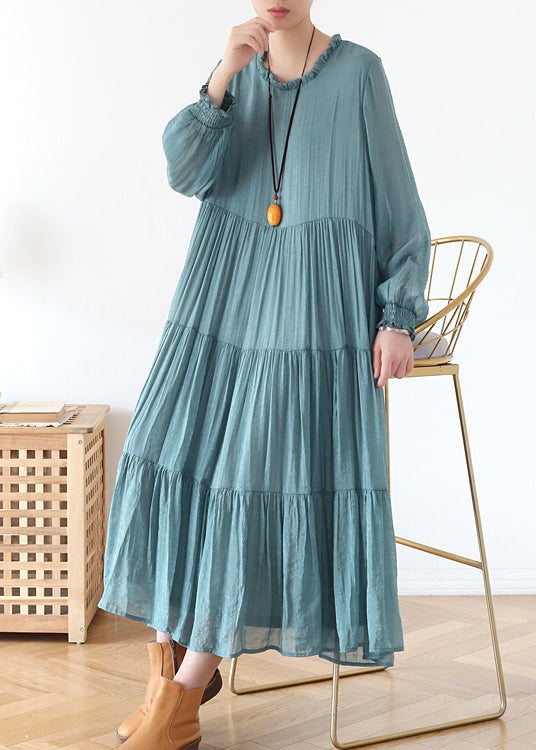 Blue O-neck Ruffled Wrinkled Vacation Dress Lantern Sleeve