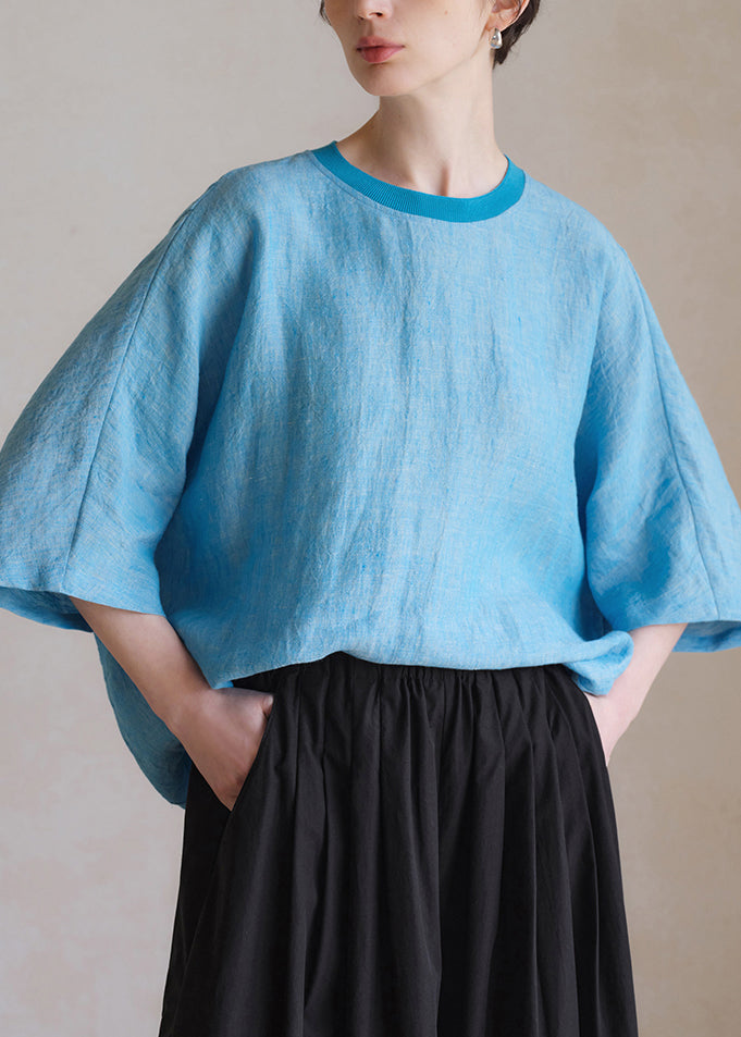 Blue O Neck Linen Shirt Half Sleeve