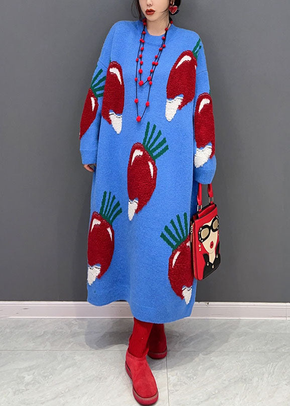 Blue O Neck Strawberry Jacquard Long Knit Dress Winter
