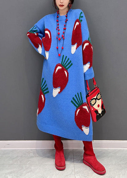 Blue O Neck Strawberry Jacquard Long Knit Dress Winter