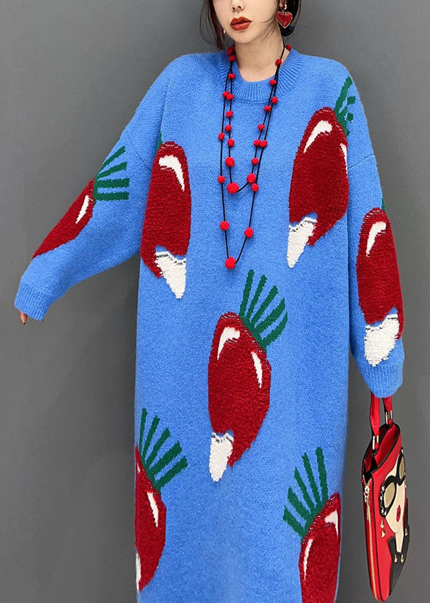 Blue O Neck Strawberry Jacquard Long Knit Dress Winter