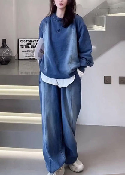 Blue O Neck Tops and Pants Denim Two Piece Set Outfits Spring