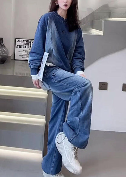Blue O Neck Tops and Pants Denim Two Piece Set Outfits Spring