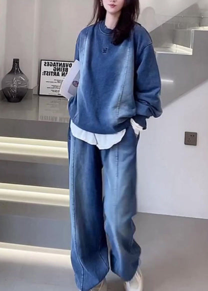 Blue O Neck Tops and Pants Denim Two Piece Set Outfits Spring