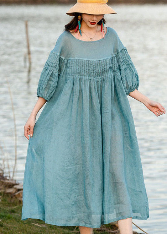 Blue O Neck Wrinkled Patchwork Linen Dresses Summer