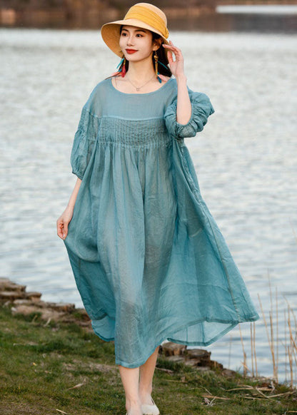 Blue O Neck Wrinkled Patchwork Linen Dresses Summer