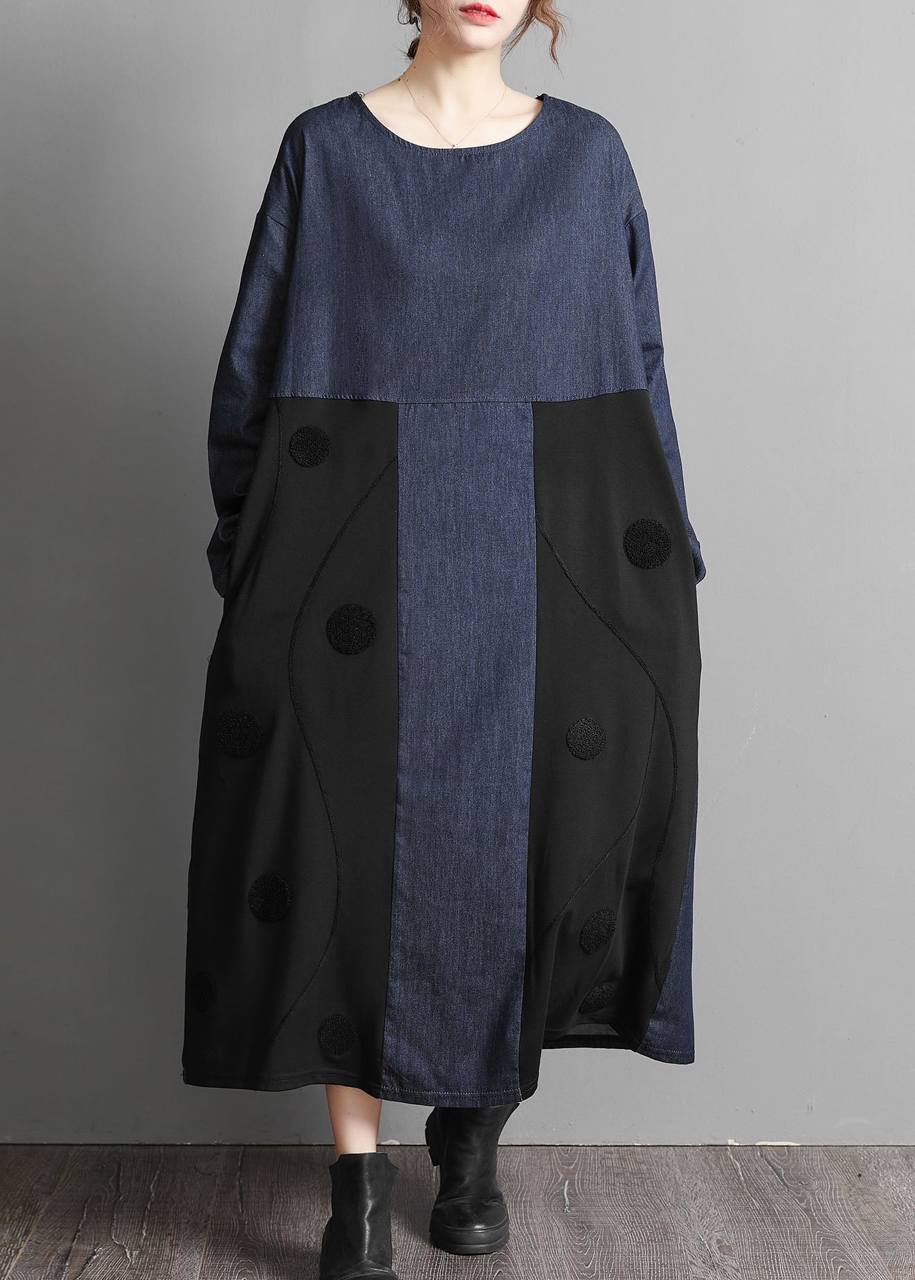 Blue O-neck Denim Patchwork Dresses Spring