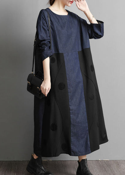 Blue O-neck Denim Patchwork Dresses Spring