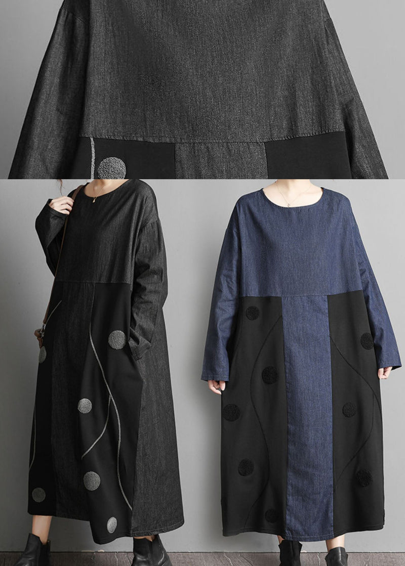 Blue O-neck Denim Patchwork Dresses Spring