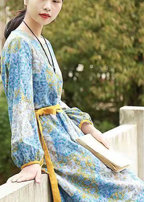 Blue O-neck Tie Waist Cinched Print Long Dresses Long Sleeve